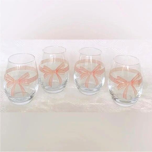 Betsey Johnson Pink Bow Stemless Wine Glasses Set of 4 Valentine's Day New - Picture 3 of 16